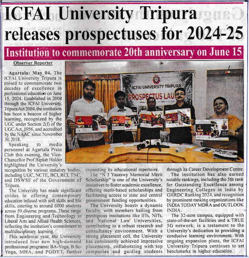 The ICFAI University, Tripura releases prospectuses for 2024-25