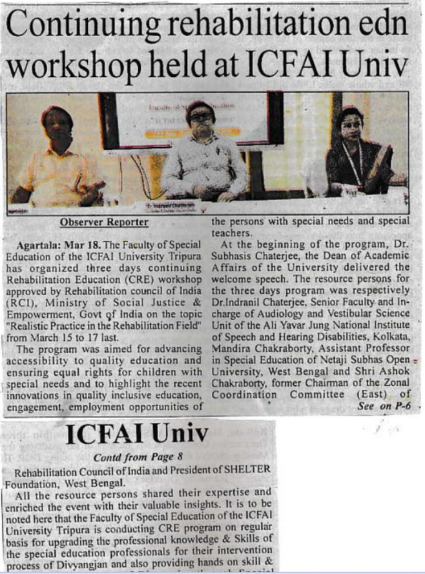 Continuing Rehabilitation Education workshop held at The ICFAI University, Tripura